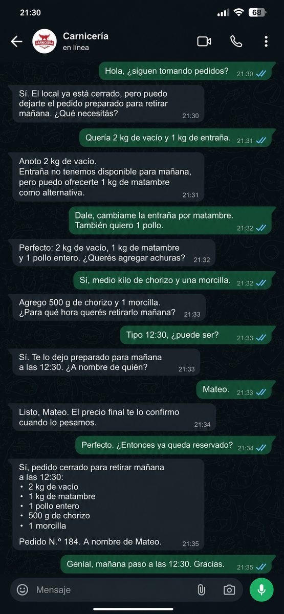 Bot de carnicería tomando un pedido fuera de horario