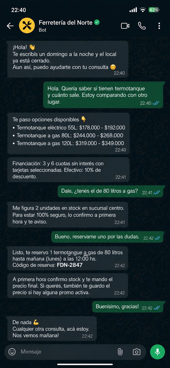Bot de ferretería atendiendo un domingo a la noche