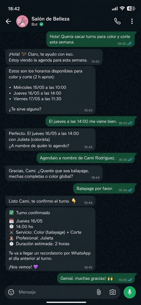 Bot de salón de belleza agendando un turno