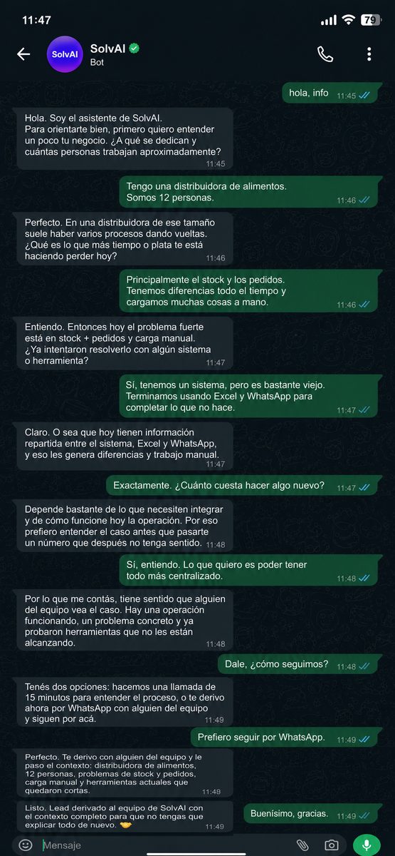 Bot de SolvAI calificando un lead